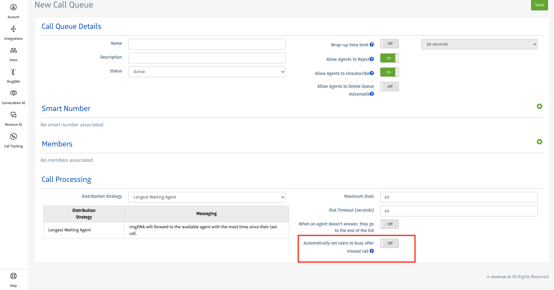 Call Queues - set user to busy after missed call setting