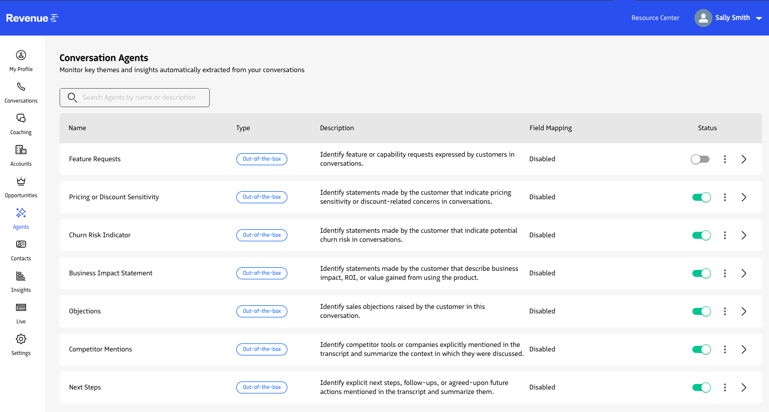 The Revenue app left navigation with Conversation Agents selected.