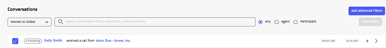 Conversation list showing a processing conversation.