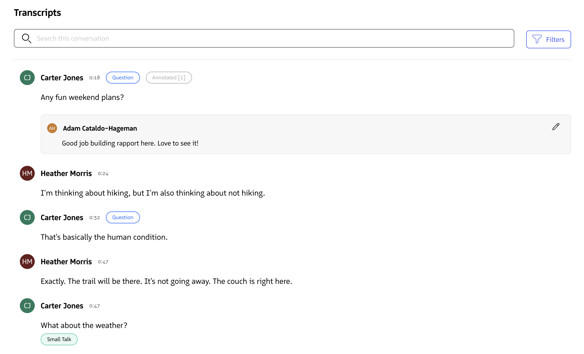 Transcript on conversation record page