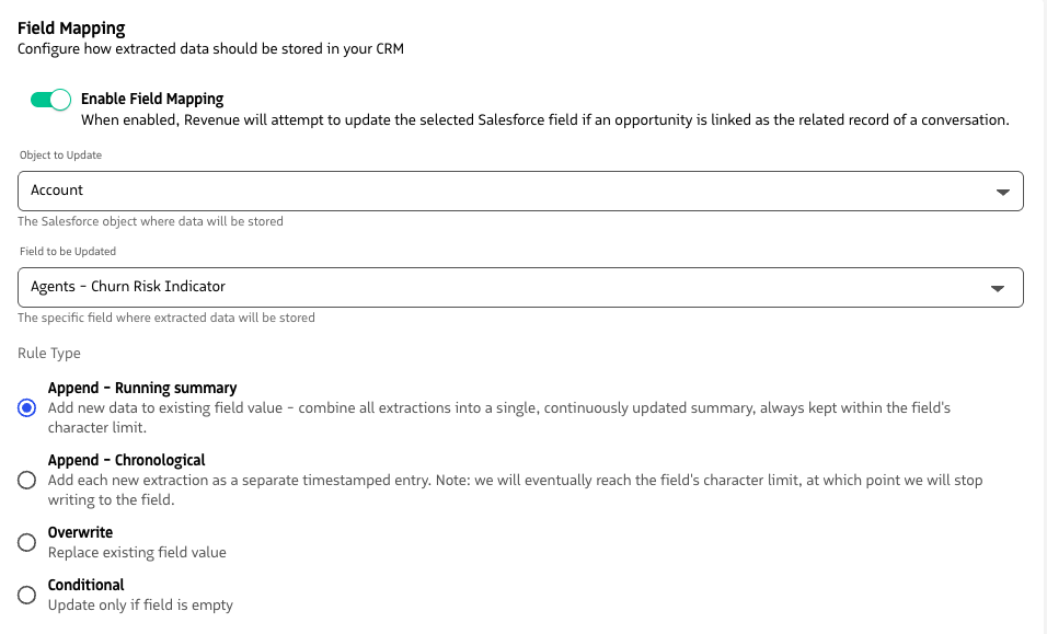 Conversation Agents field mapping options
