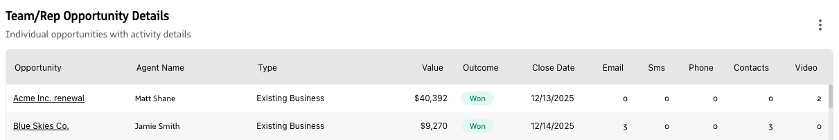 Opportunity Details table listing individual opportunities and key fields.