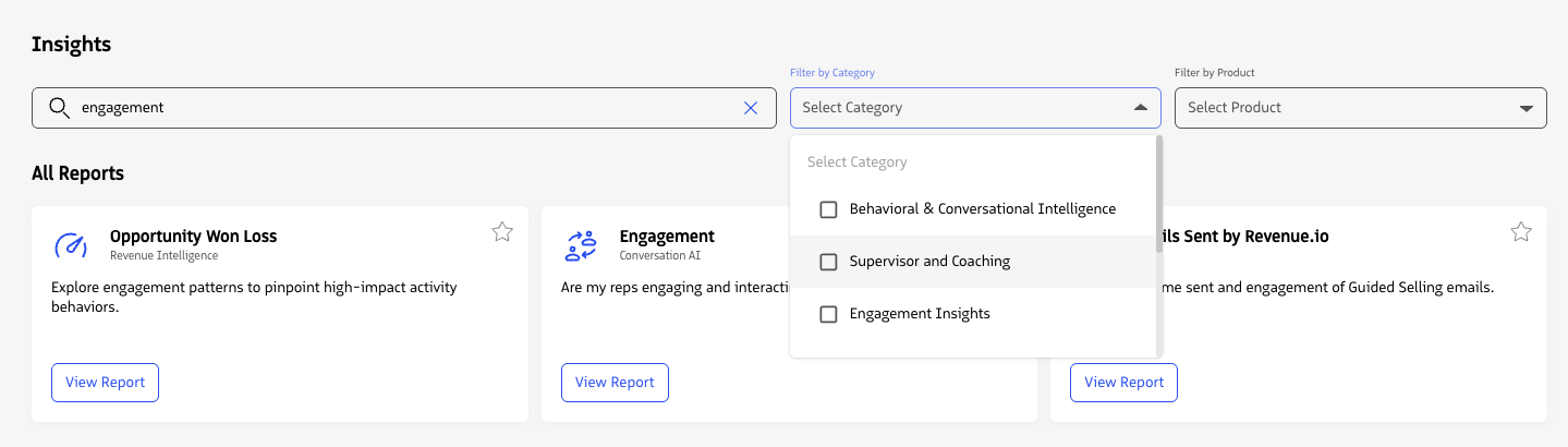 The reports landing page showing Filter by category and Filter by product options.