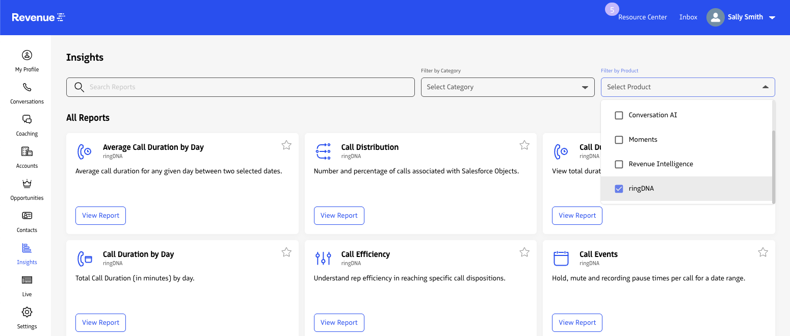 Insights page with the Product filter visible for selecting report categories.