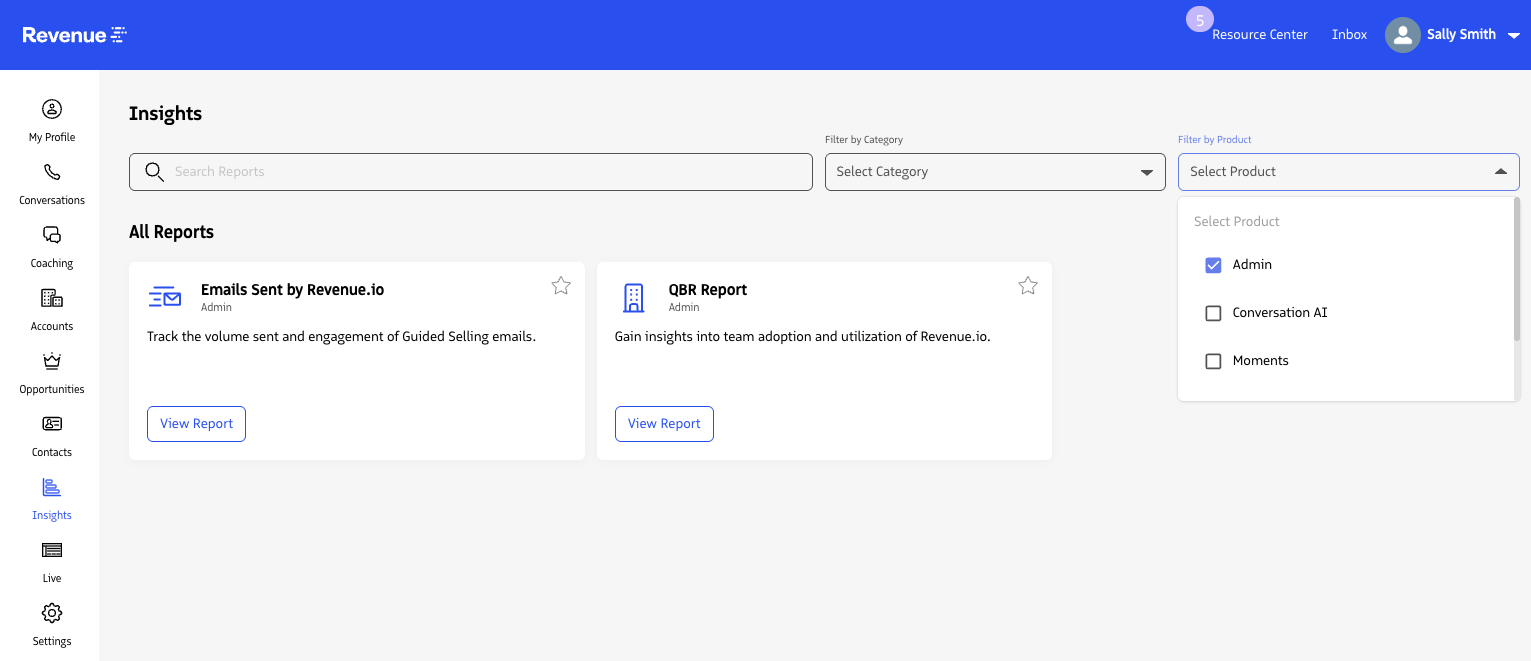 Insights Product filter set to RingDNA to show RingDNA reports.