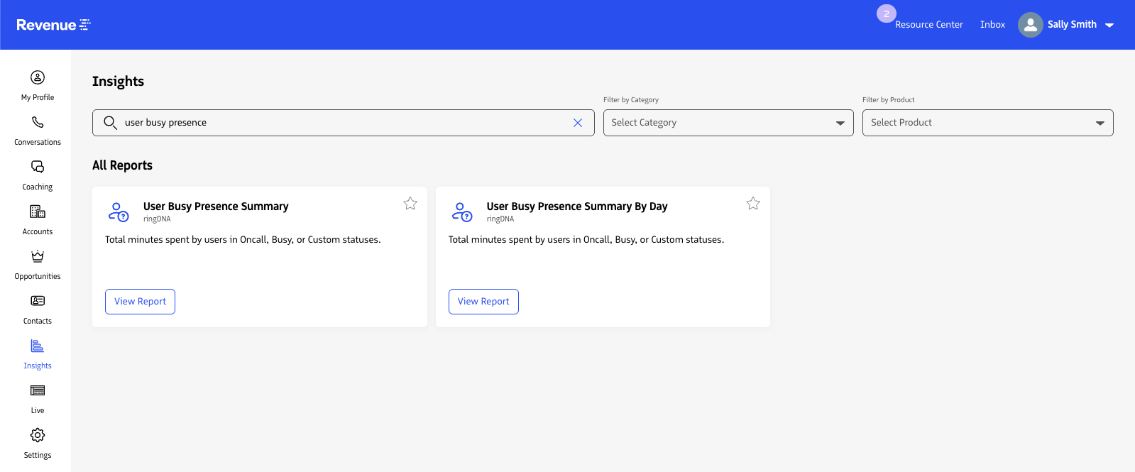 Insights page showing report search and selection for User Busy Presence Summary.