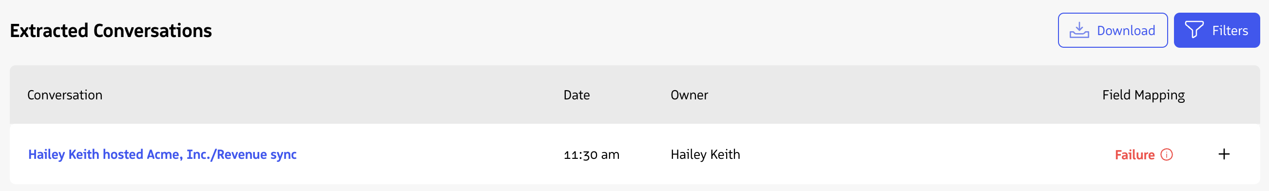 A Conversation Agent field mapping failure with an info icon next to the Failed status.