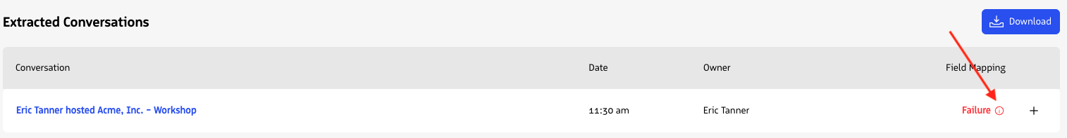 A Conversation Agent field mapping failure with an info icon next to the Failed status.