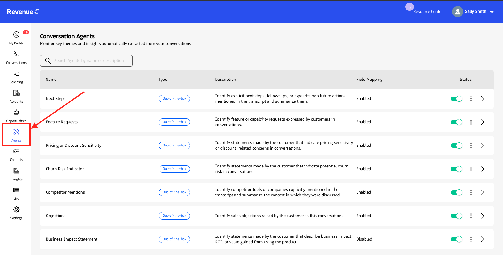 The Revenue app left navigation with Conversation Agents selected.