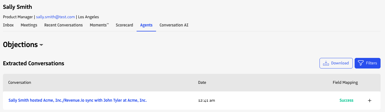 The Agents tab in My Profile showing extracted Conversation Agent insights.