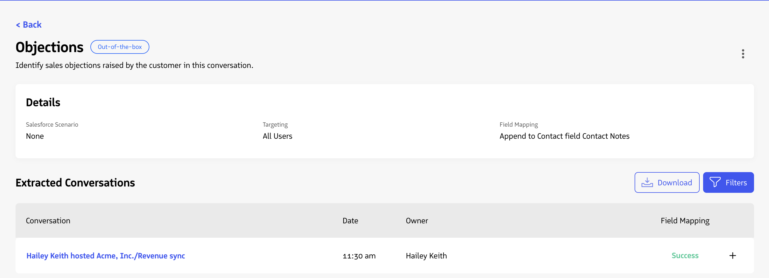 A Conversation Agent report page with extracted conversations.