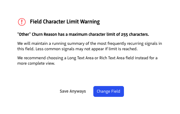 Example warning when writing to short text field and Append - Running summary rule type is selected