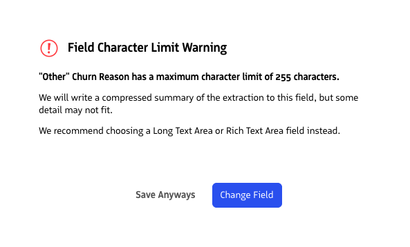 Example warning when writing to short text field and Overwrite or Conditional rule type is selected