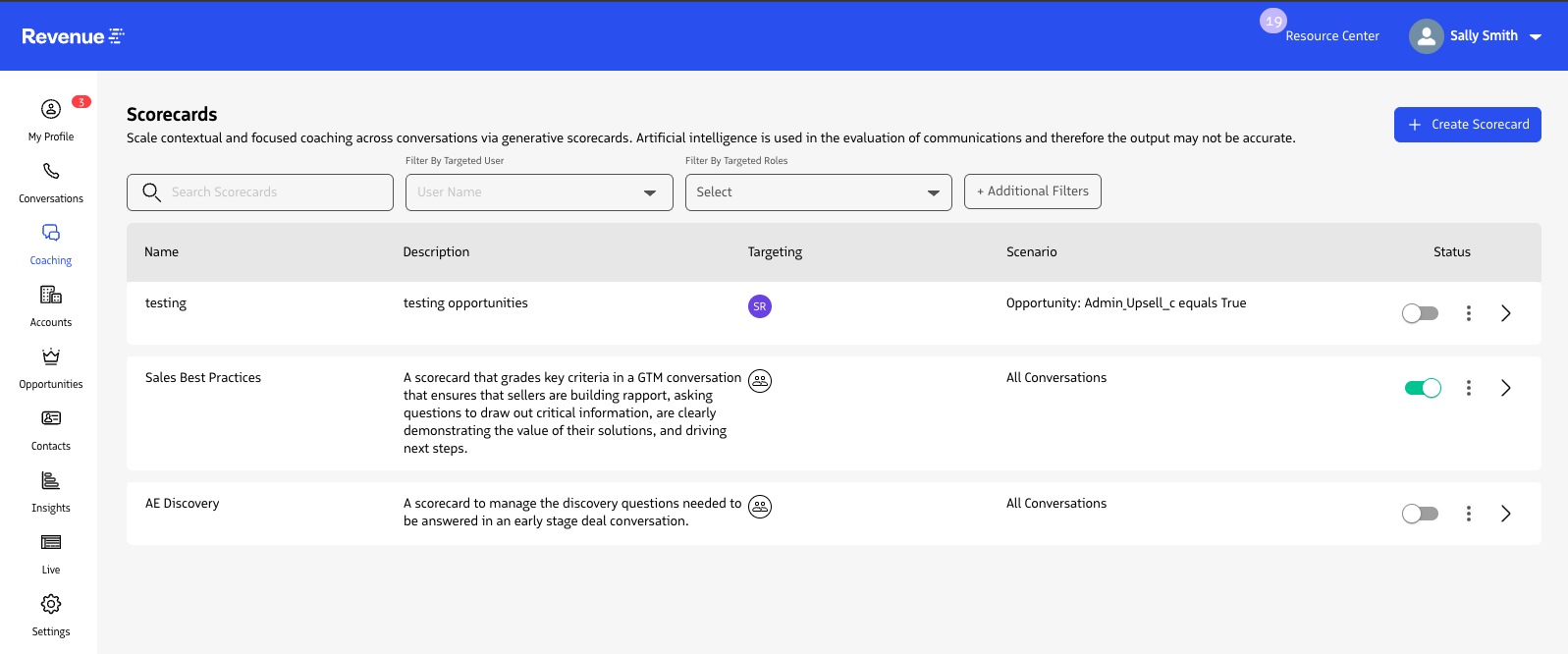 Scorecard list with activation toggle.