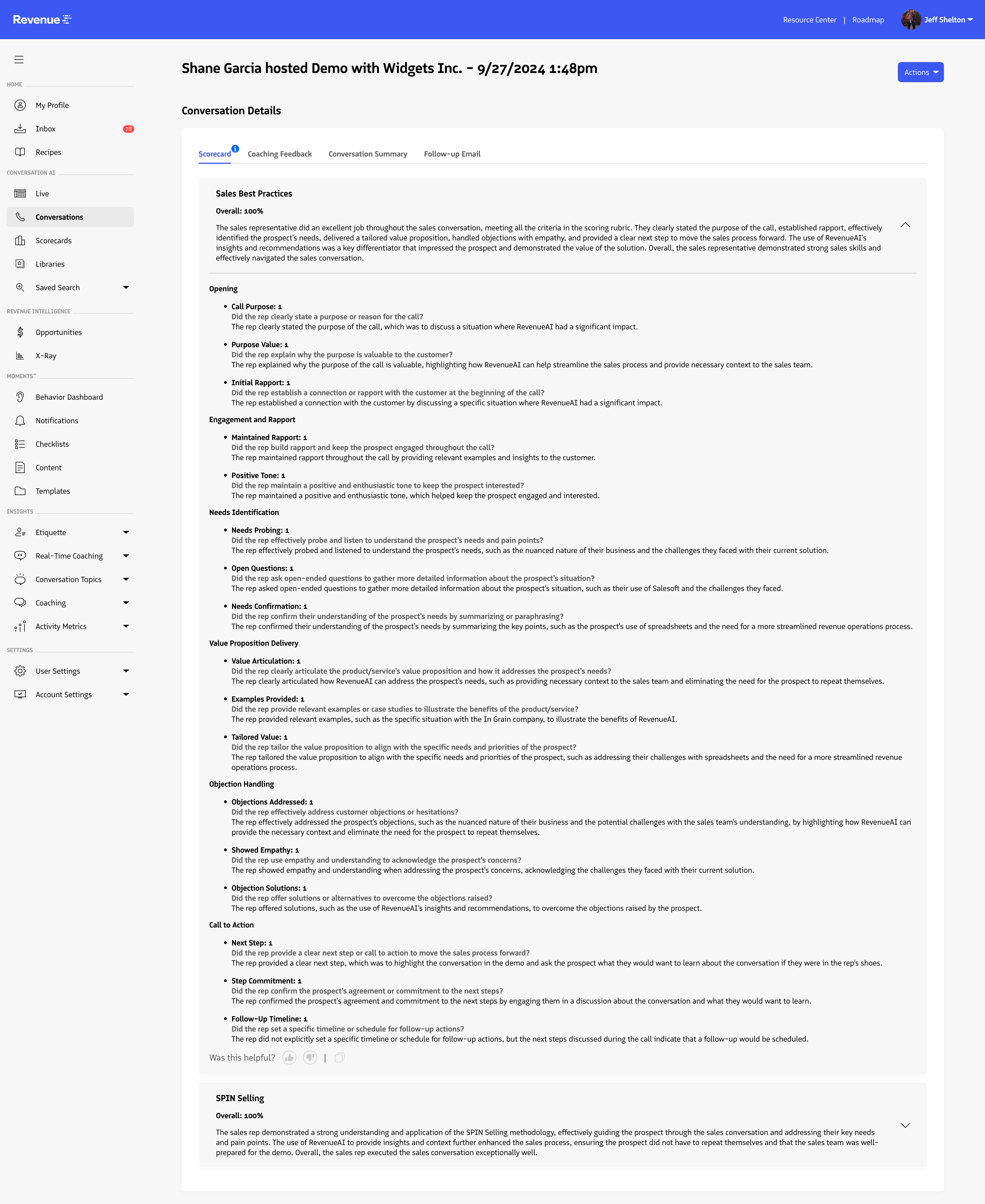 Scorecard panel on a conversation with criteria scores and analysis.