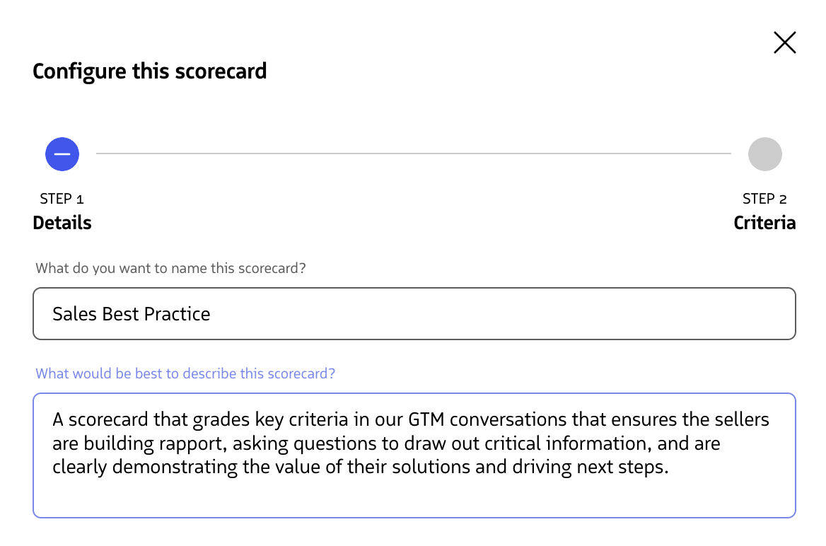 Modal step to name and describe a new scorecard.