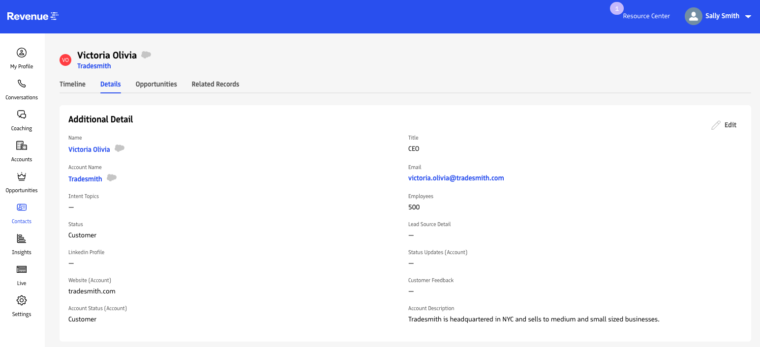 The Details tab on a contact record with Edit available.