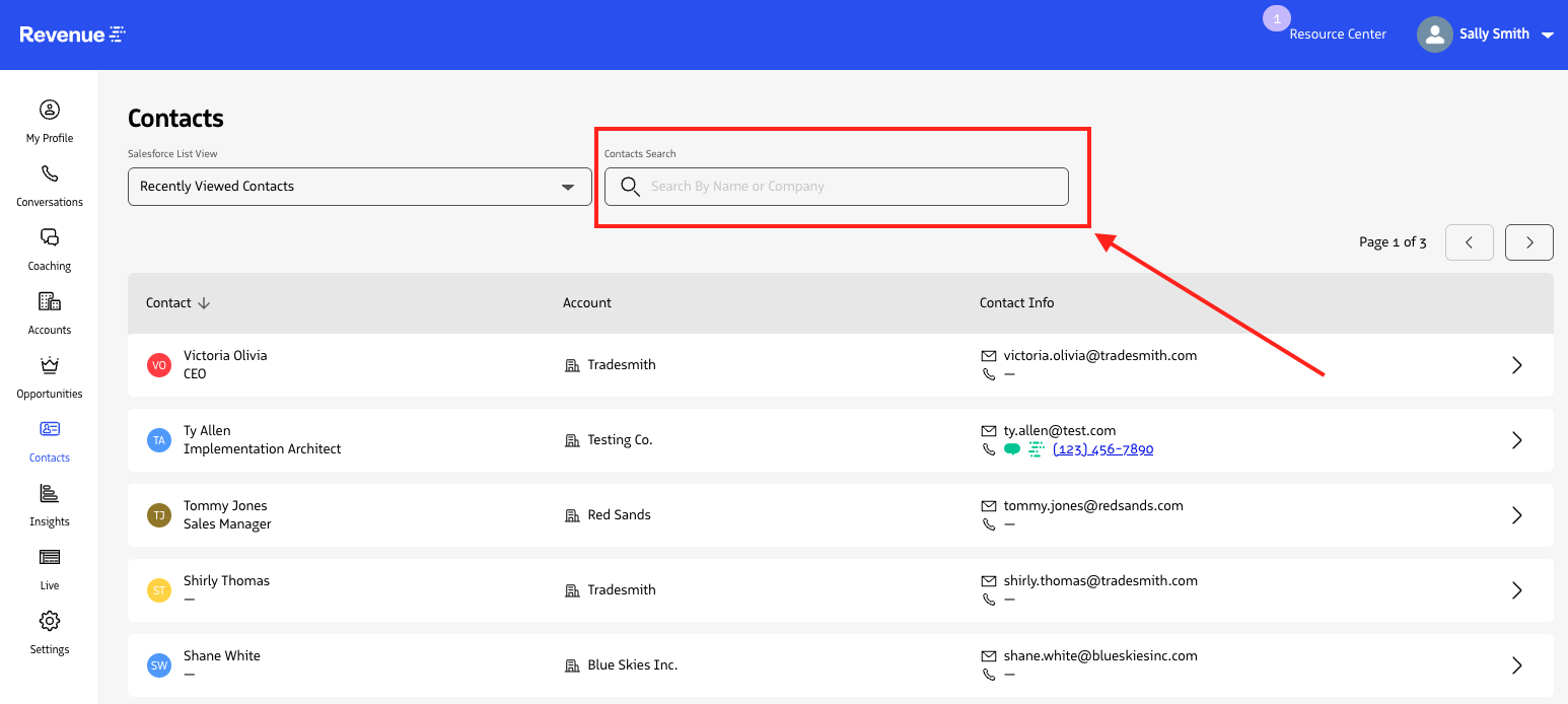 The Contacts page search bar filtering the contact list.