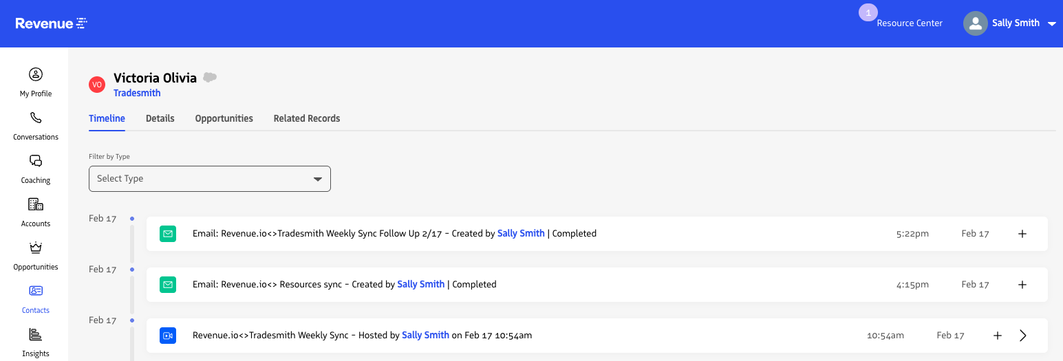 The Timeline tab on a contact record showing activity history.