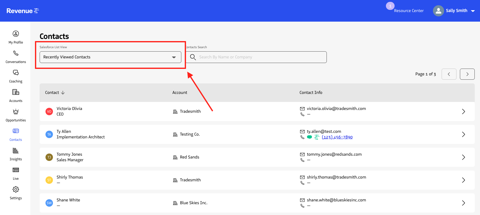 The Contacts page with the Salesforce List View dropdown open.