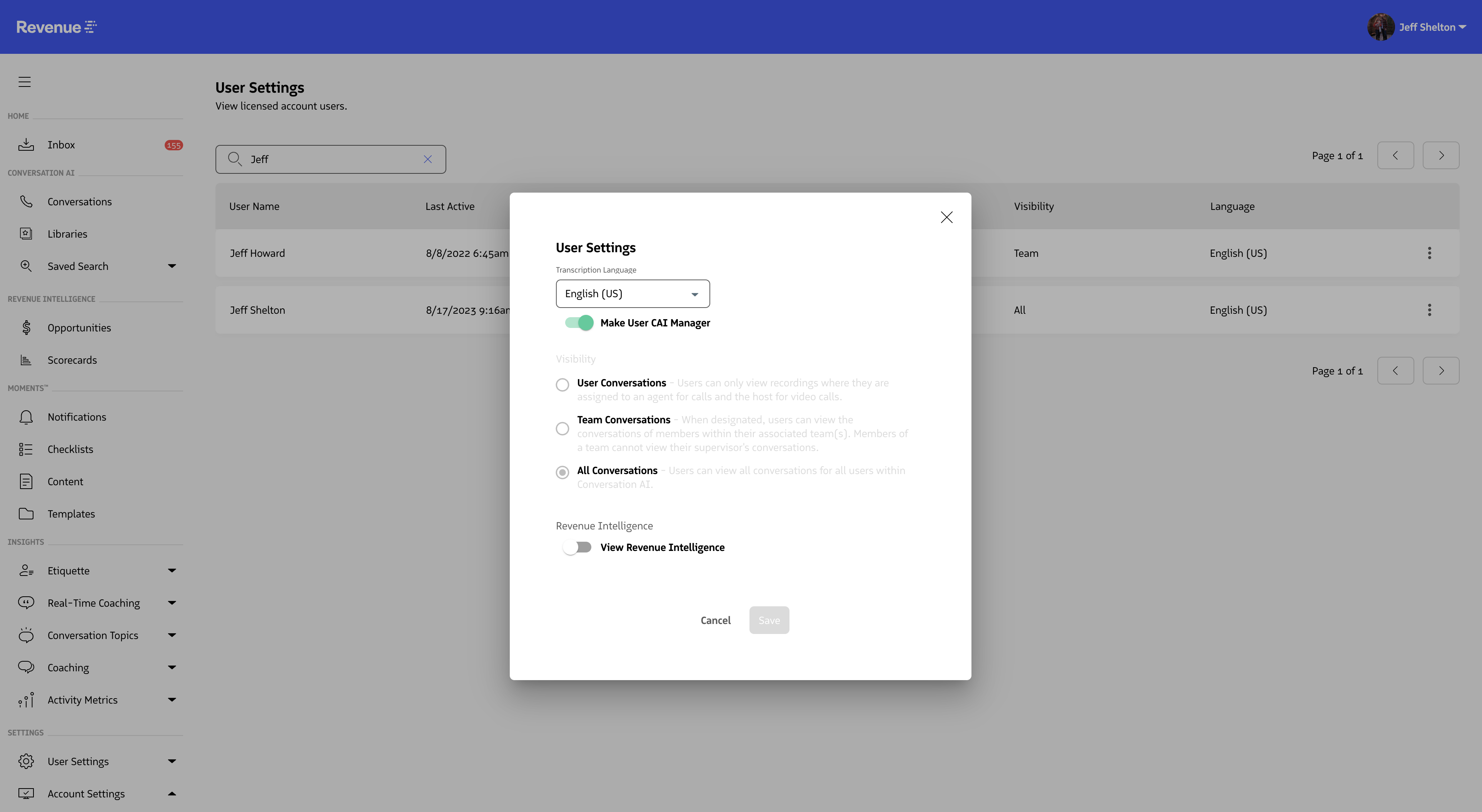 User Management edit settings