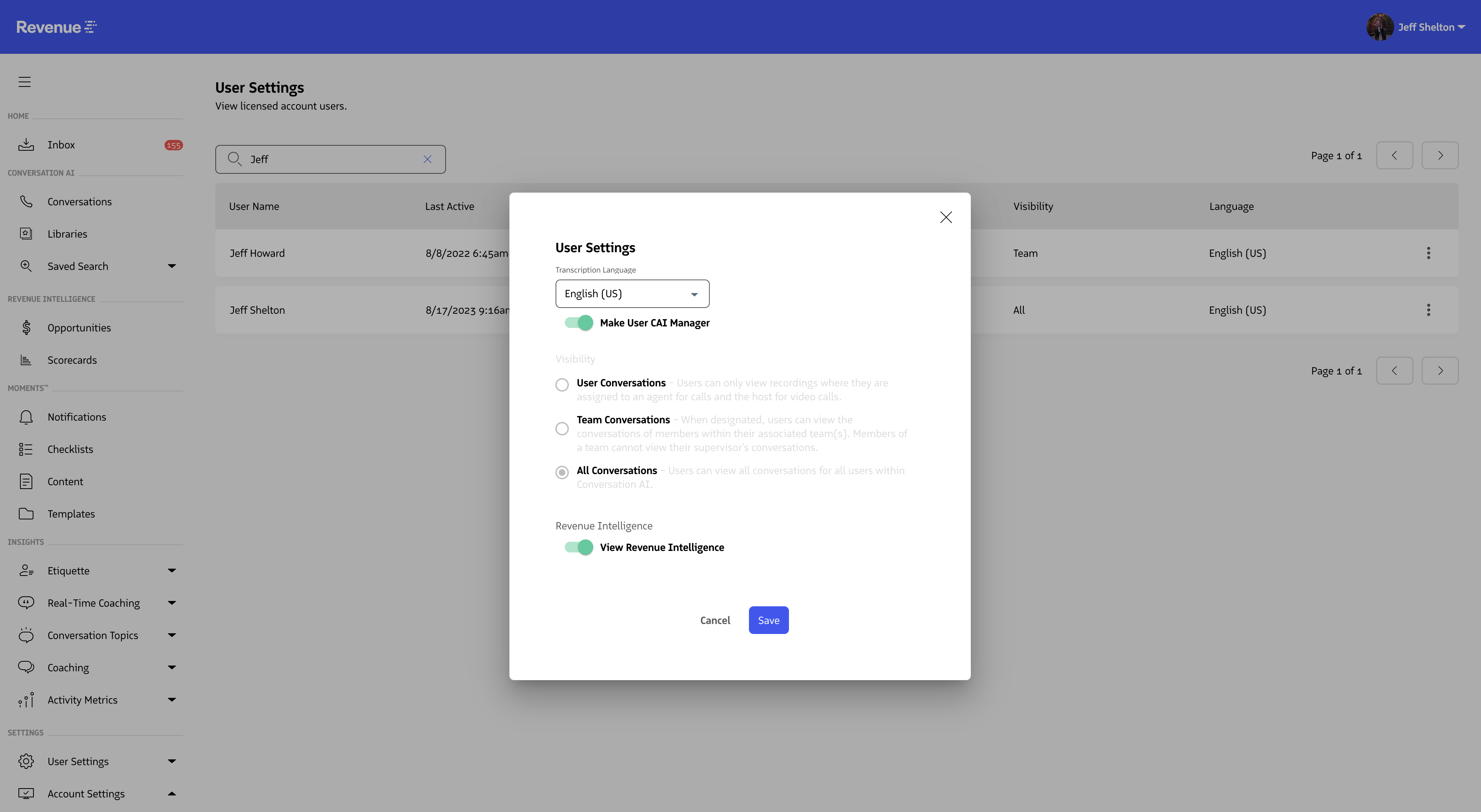 User Management edit settings