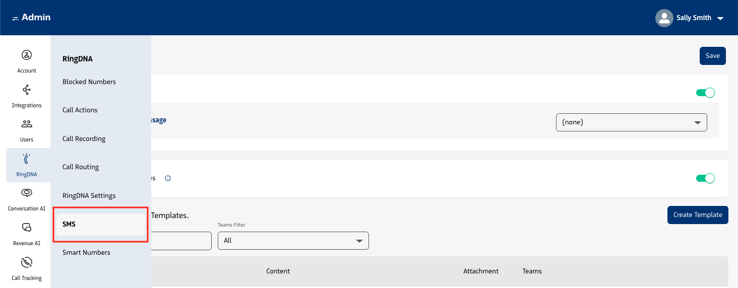 SMS page in Admin