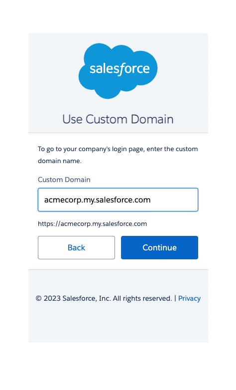 A Salesforce page URL showing the custom domain in the format MyDomainName.my.salesforce.com.