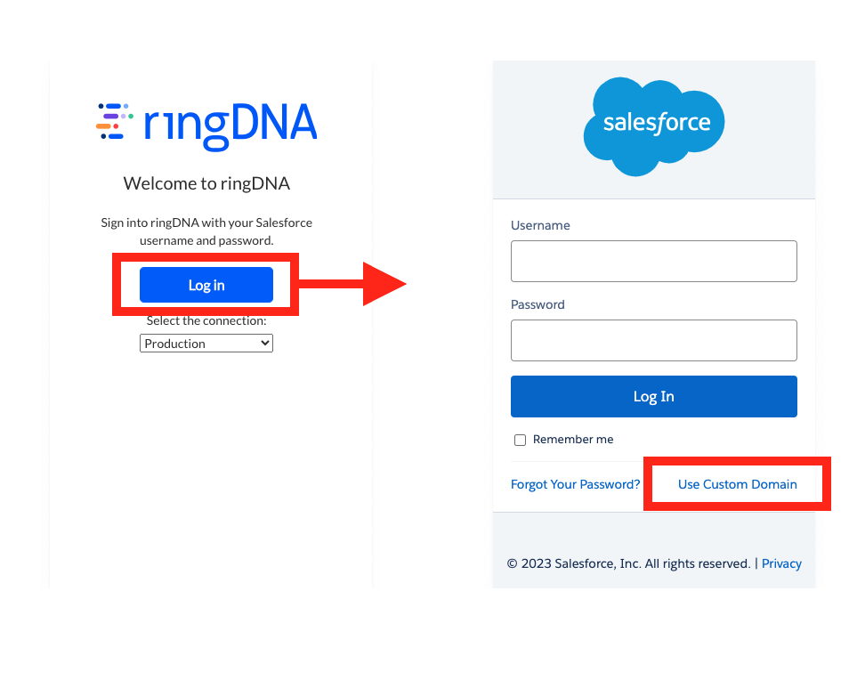 Before and after: the RingDNA Communications Hub login screen, then the screen after selecting Use Custom Domain, which reveals the custom domain field.
