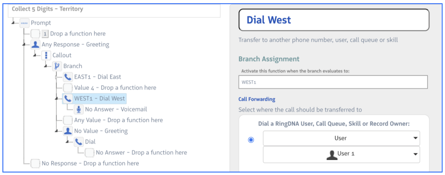 Branch step configured to evaluate a callout response variable and route to East or West territory queues