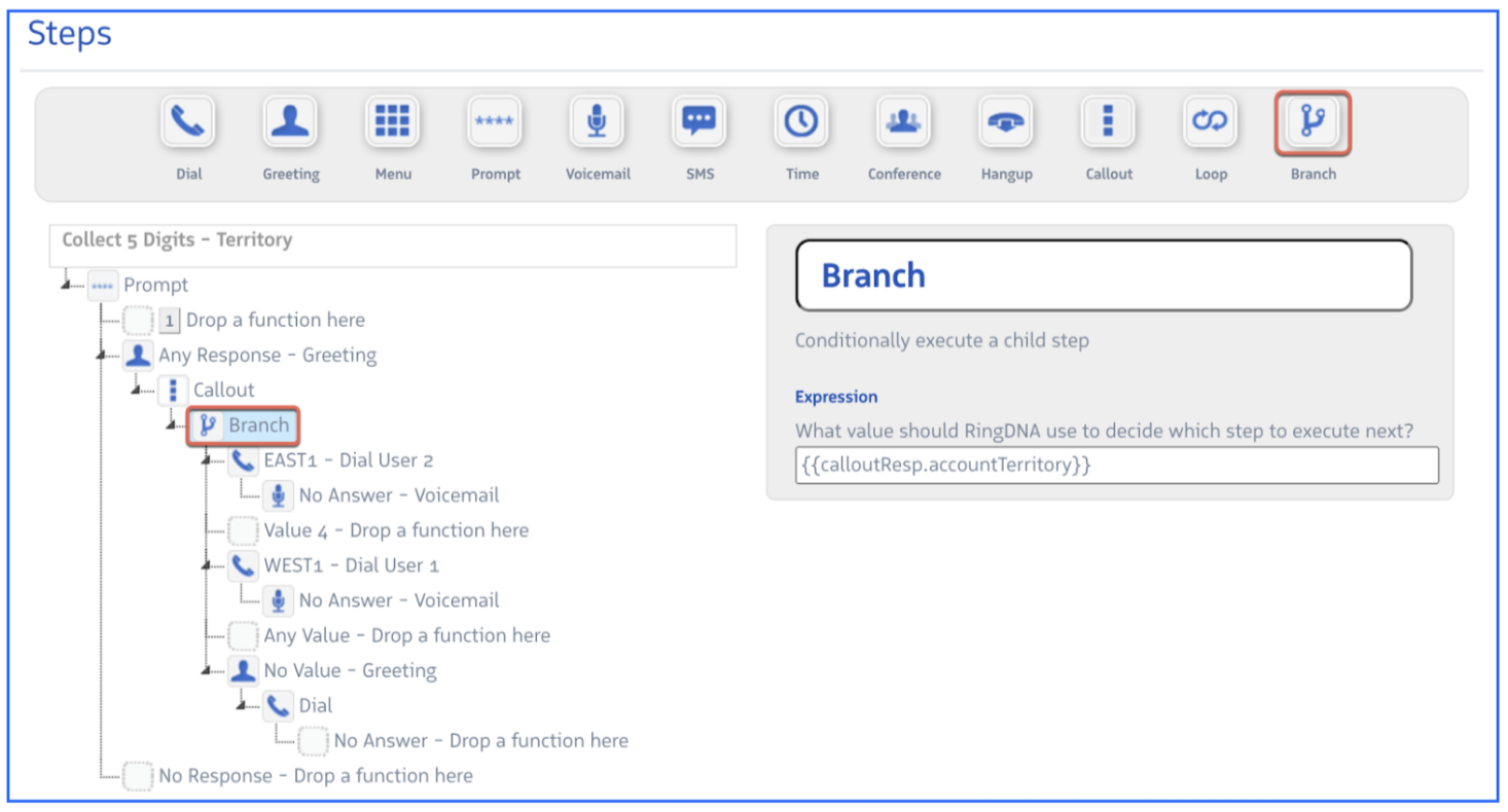 Branch step showing multiple branch assignments for territory-based routing