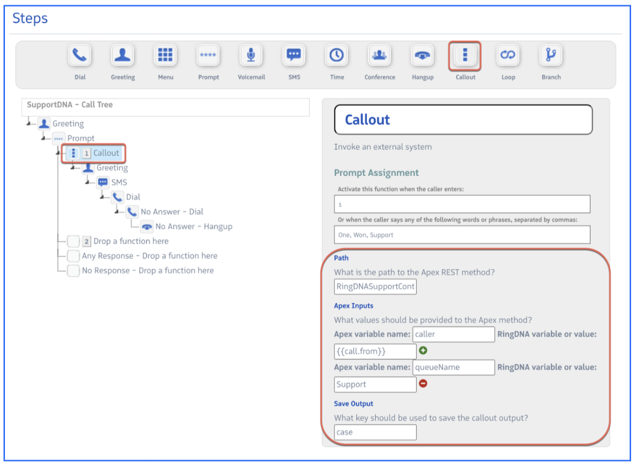 Callout step configured with caller phone and queue name inputs, and a Case output variable