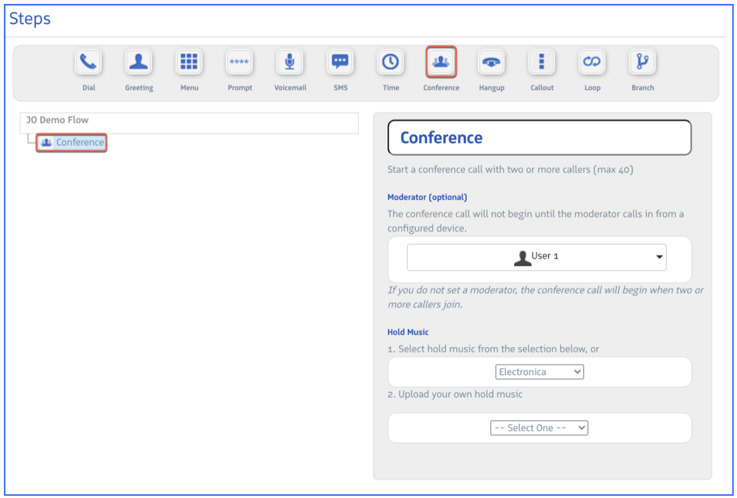 Conference step configuration showing moderator and hold music options