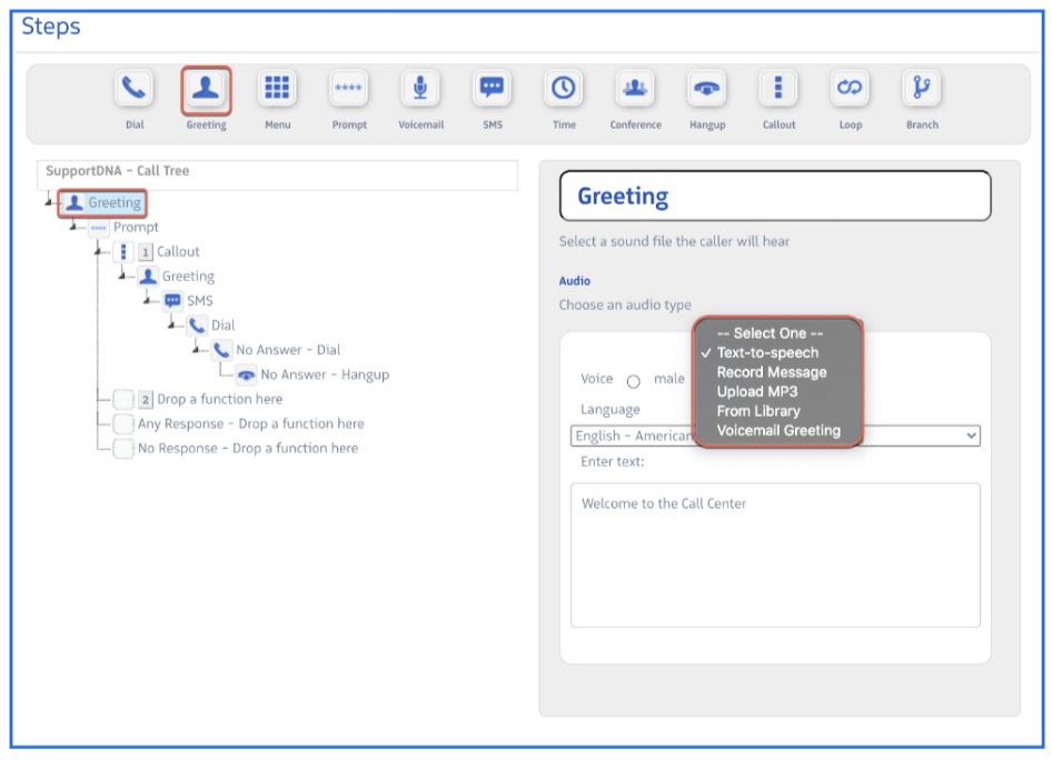 Greeting step configuration showing audio source options