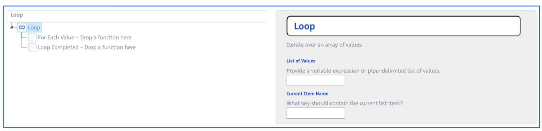 Loop step configuration showing list of values, current item name, and loop body step fields