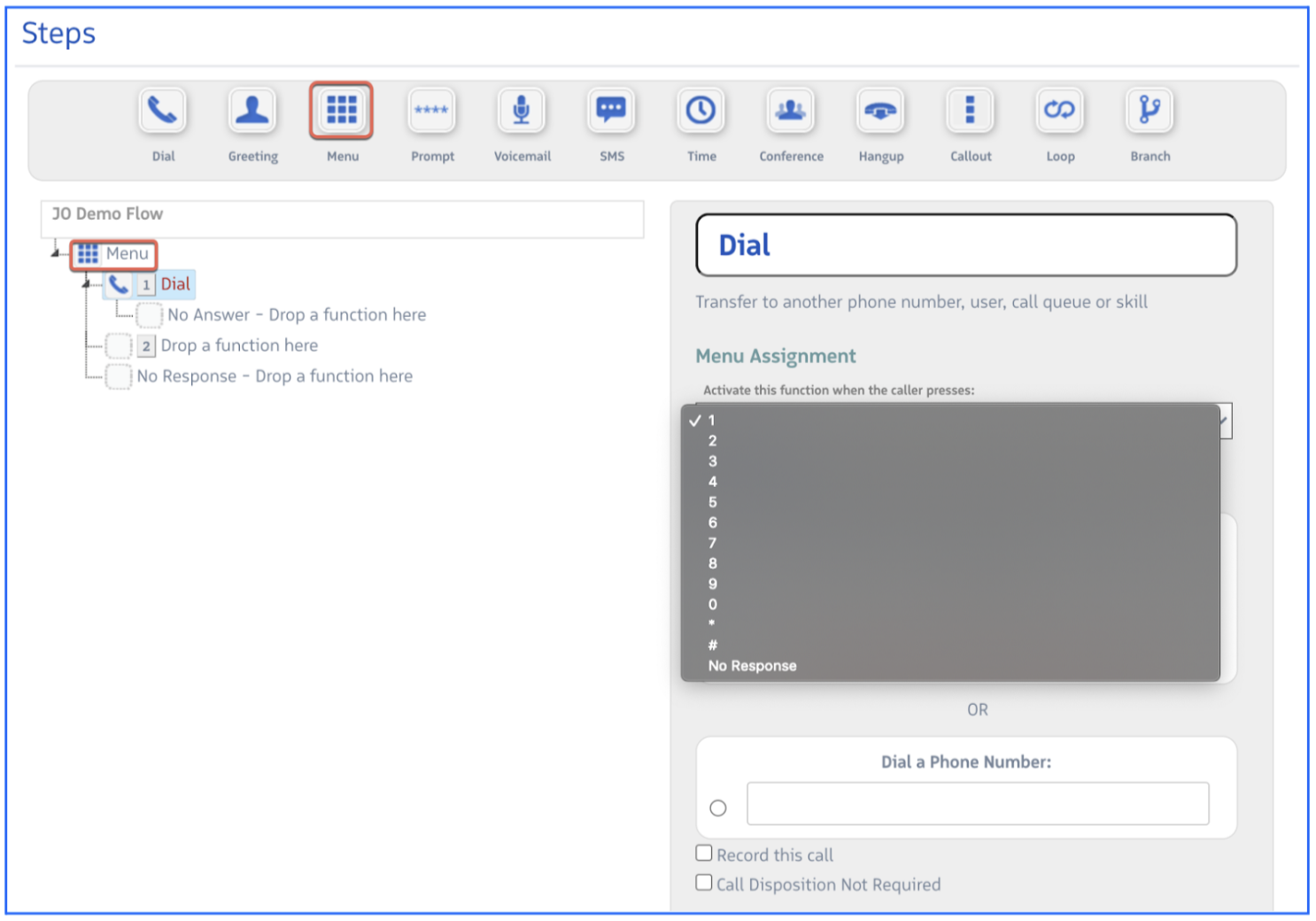 Menu step configuration showing digit assignment options