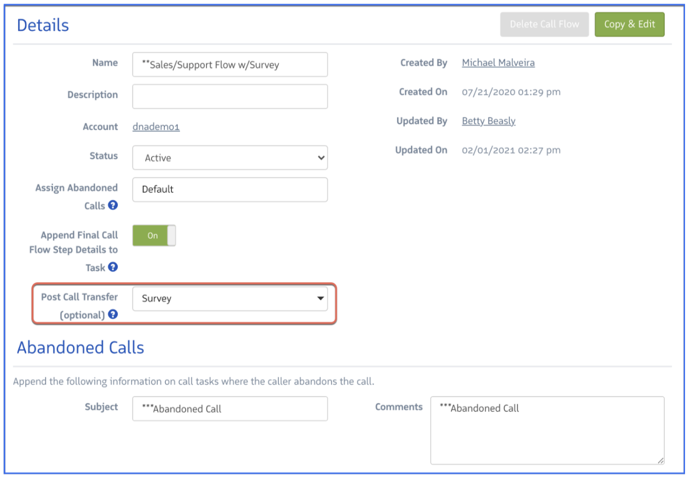 Example master call flow showing a Post Call Survey step referencing a child survey flow