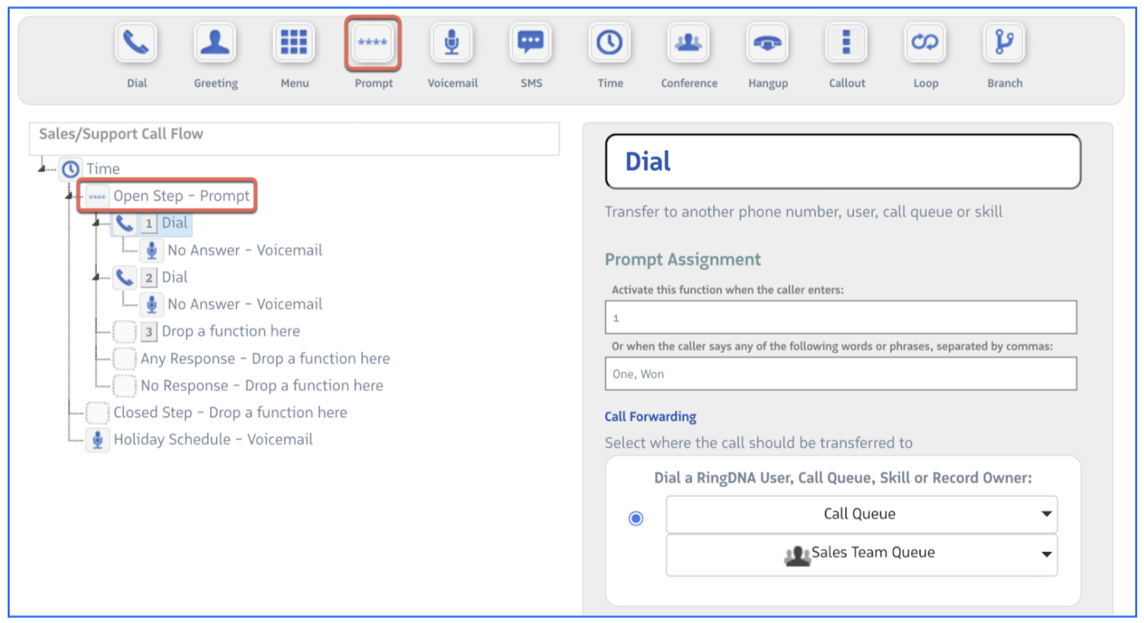Prompt step configuration showing digit and speech input options