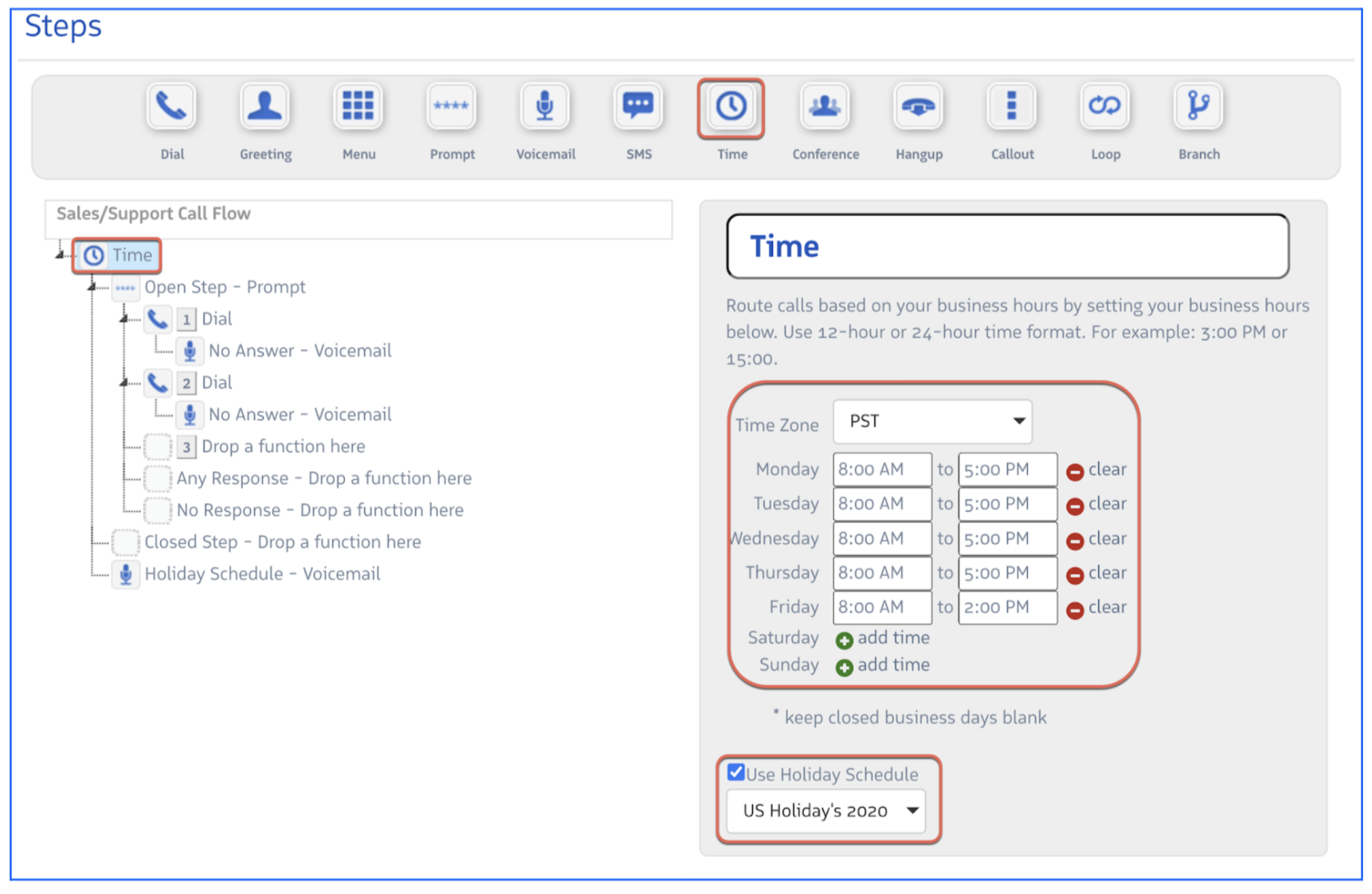 Time step configuration showing time zone, per-day hours, and holiday schedule options