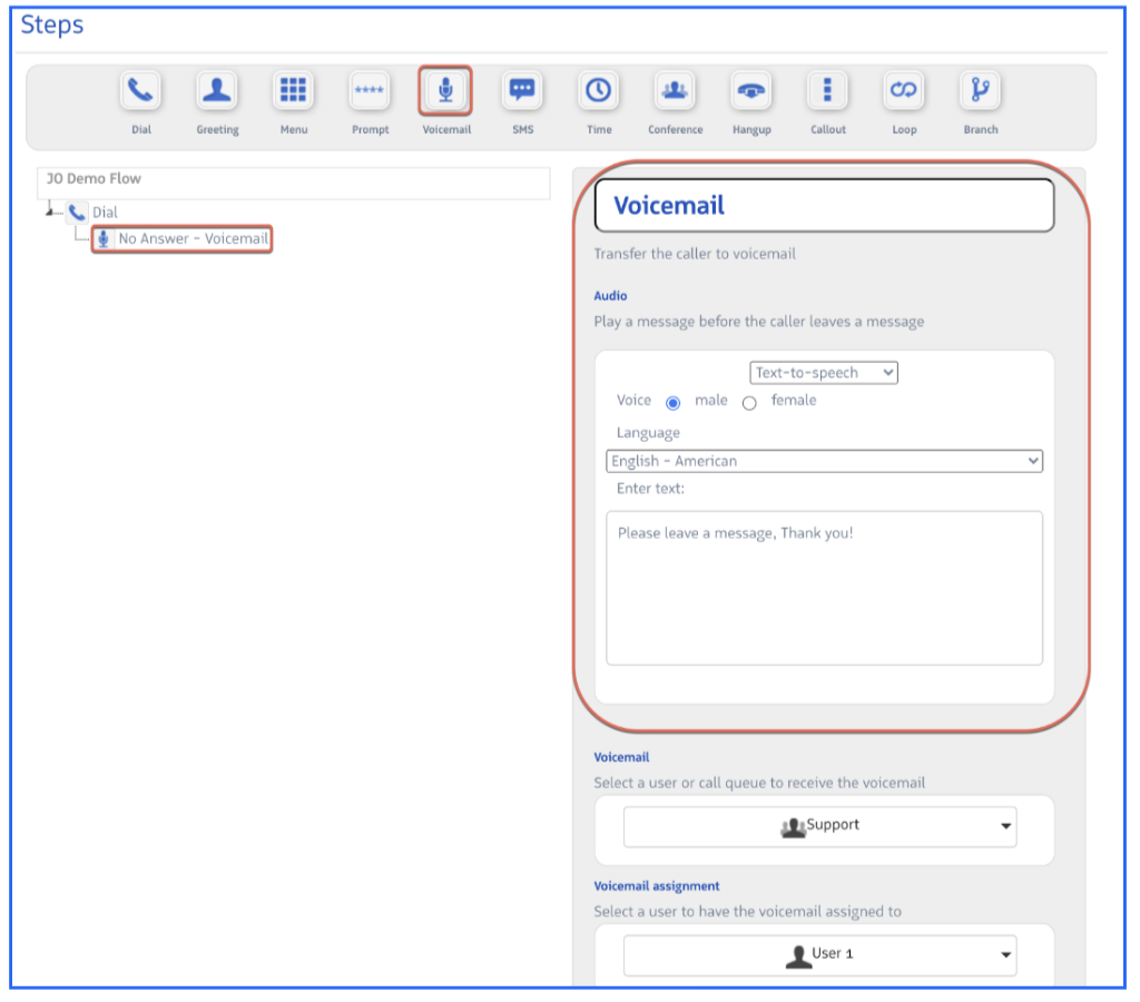 Voicemail step configuration panel