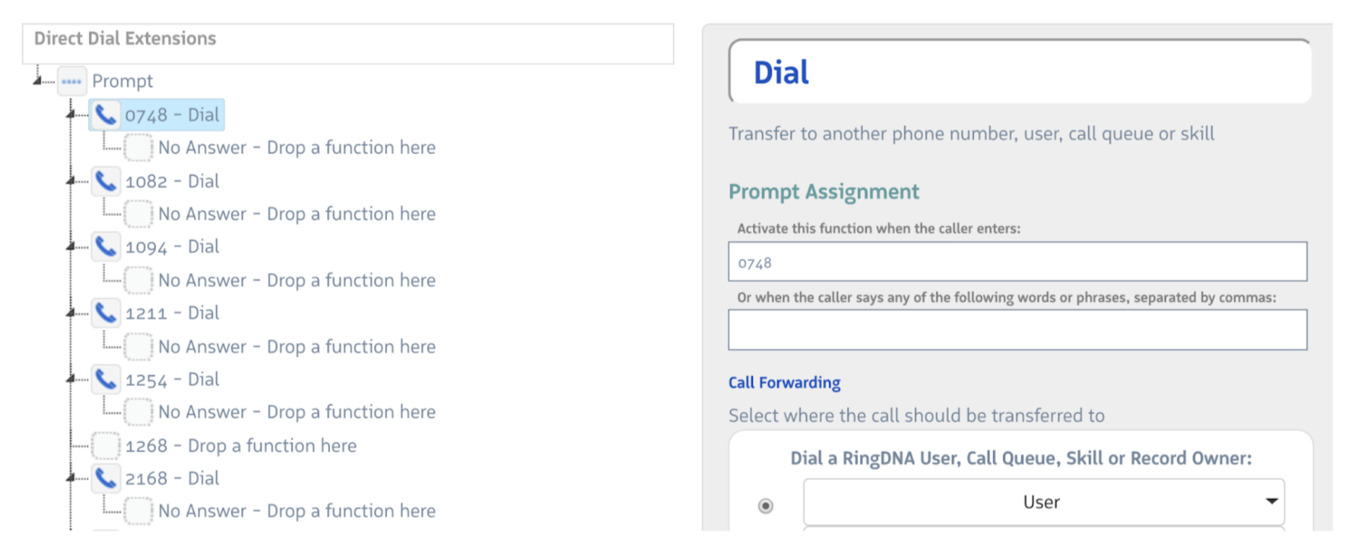 Call flow showing a Prompt step with multiple extension assignments, each connected to a Dial step