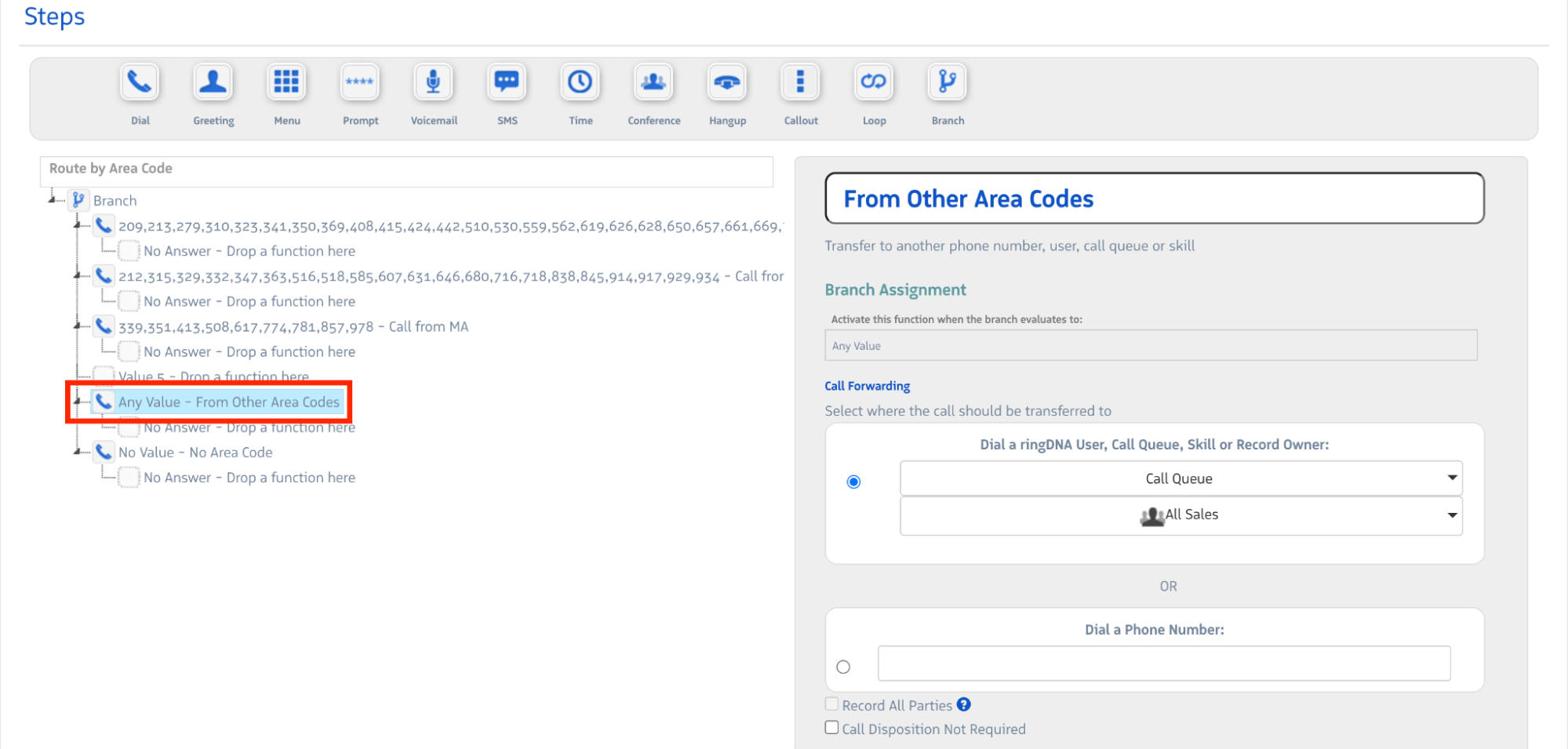 Call flow showing Any Value and No Value branches for unmatched area codes