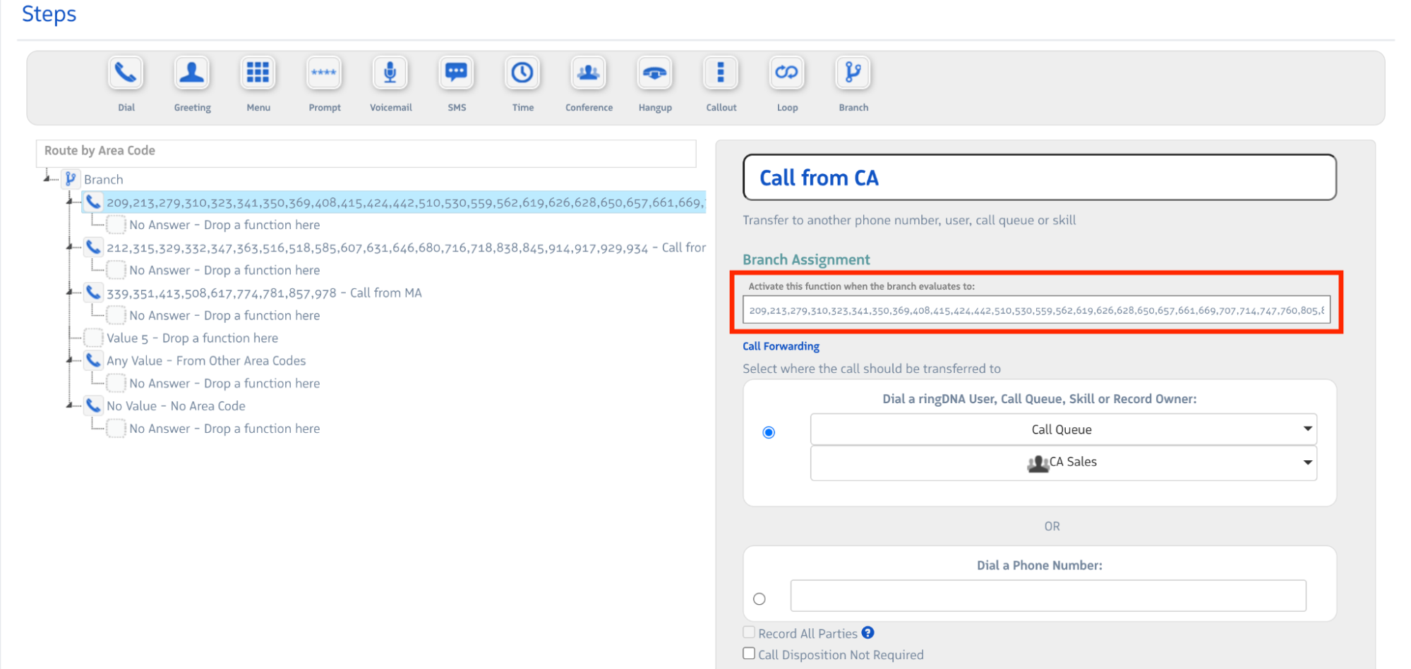 Branch assignment showing California area codes entered as a comma-separated list