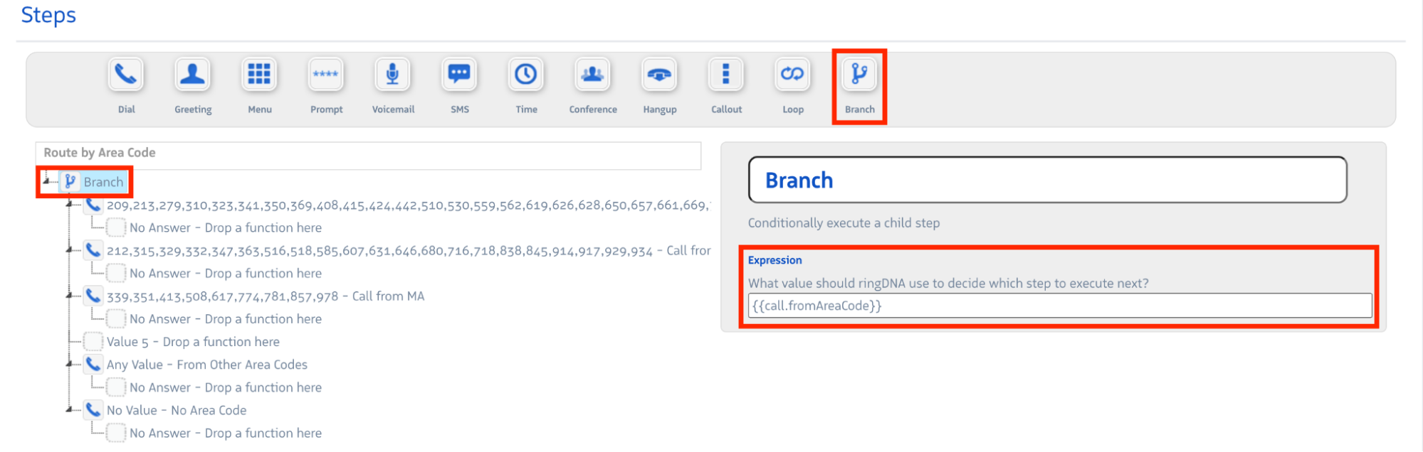 Branch step configured to evaluate the call.fromAreaCode variable