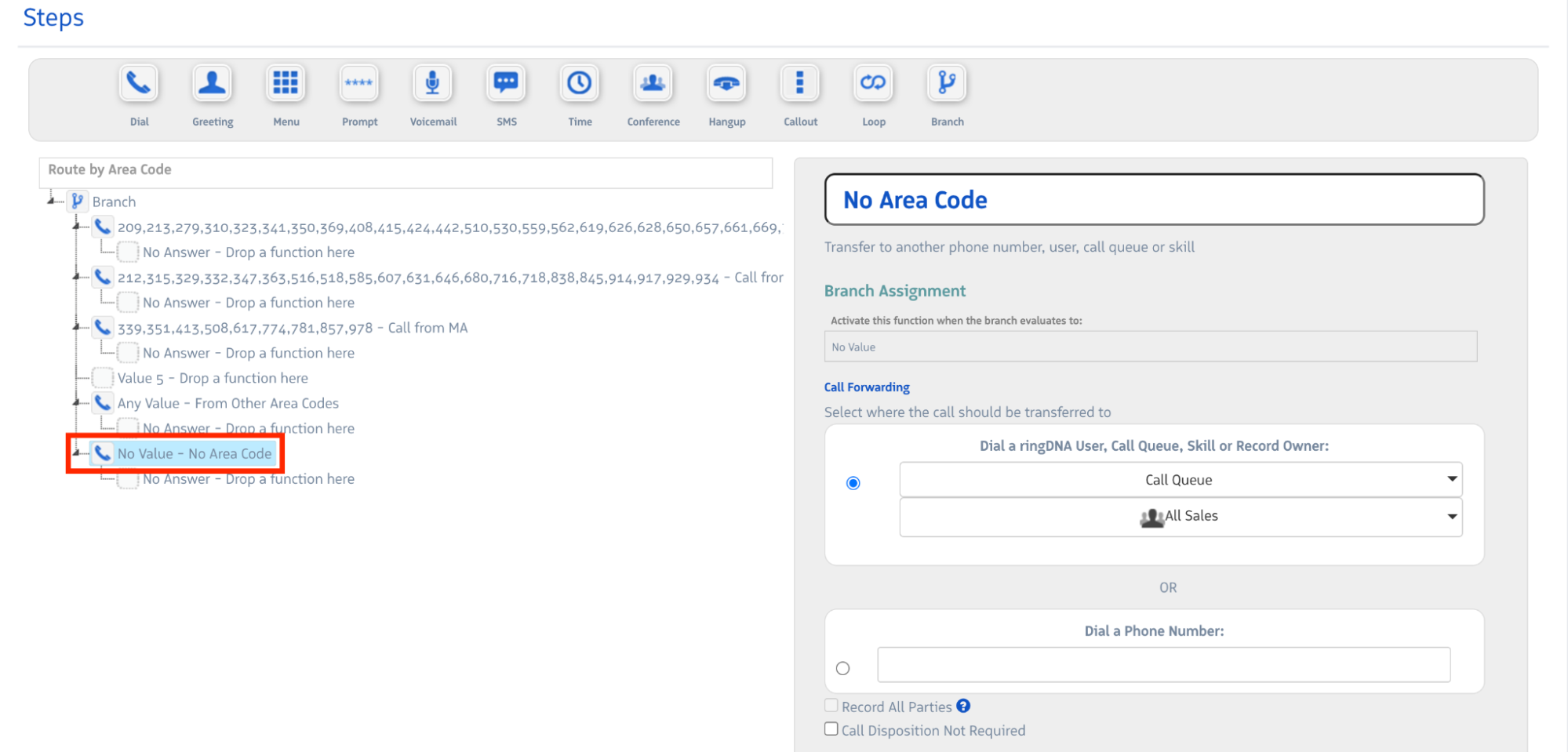 No Value branch configuration for callers with no area code