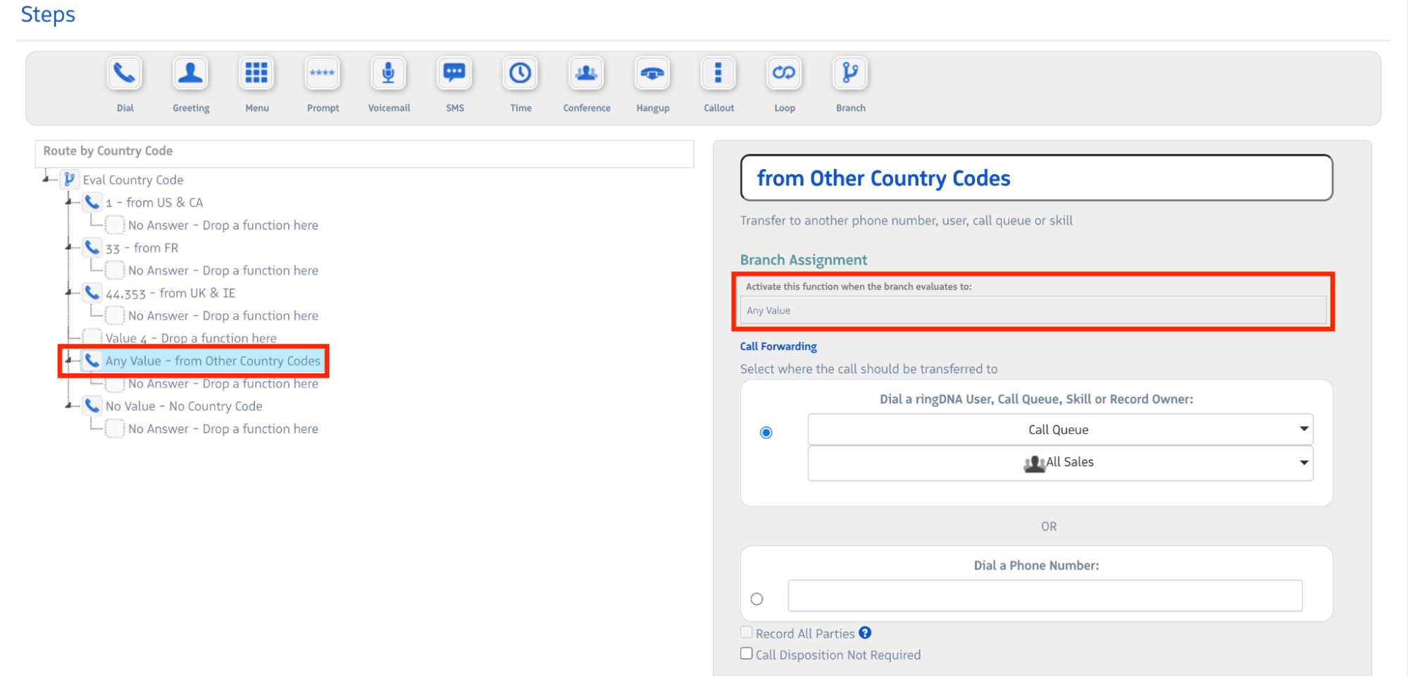 Call flow showing Any Value branch catching unlisted country codes