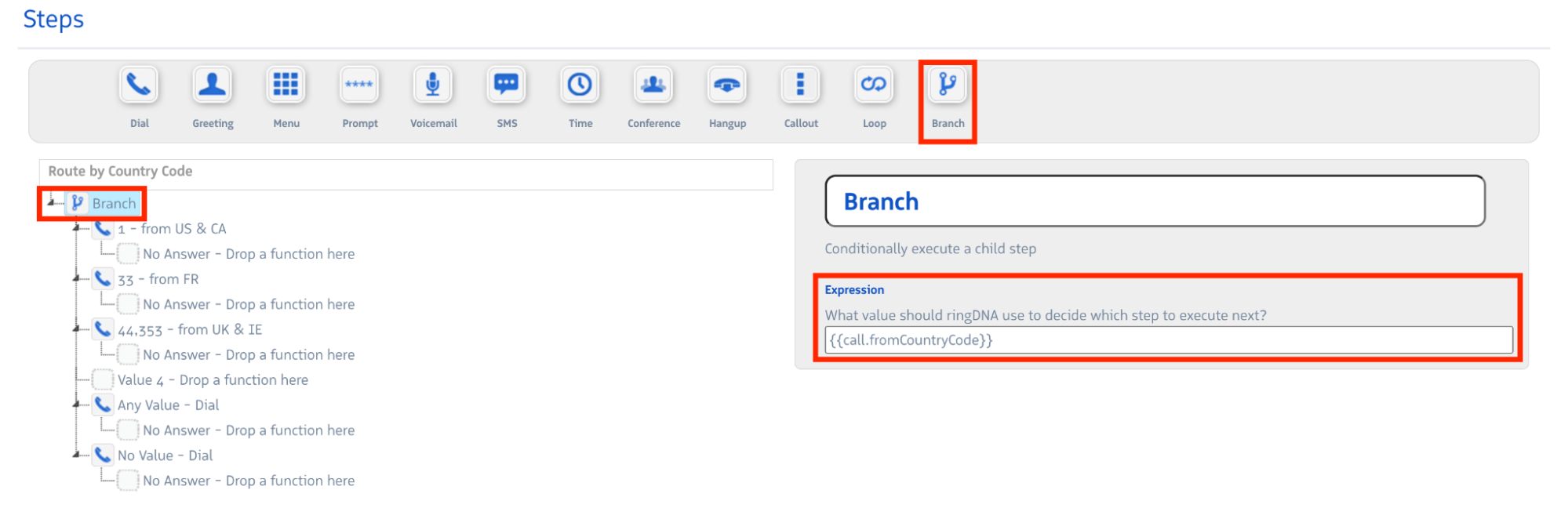 Branch step configured to evaluate the call.fromCountryCode variable