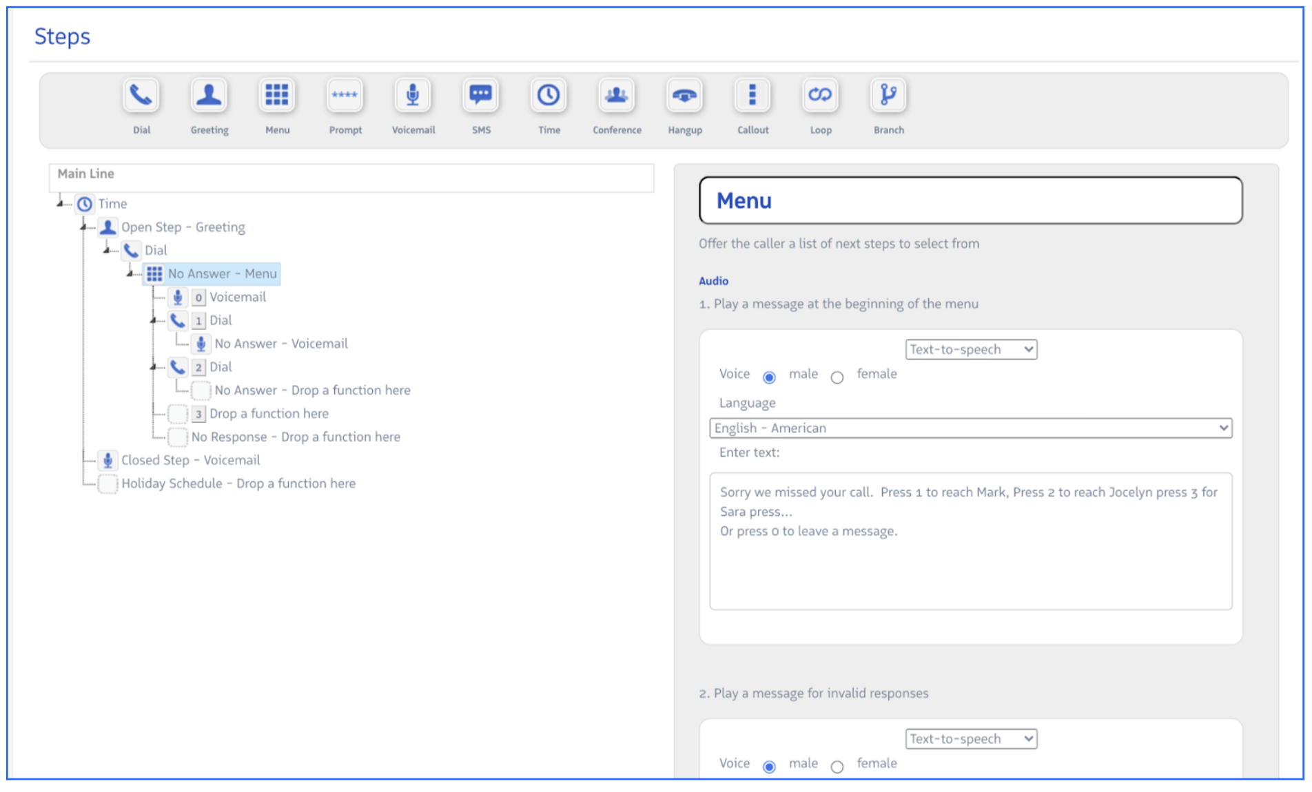 The Revenue.io call flow builder showing a flow with multiple connected steps