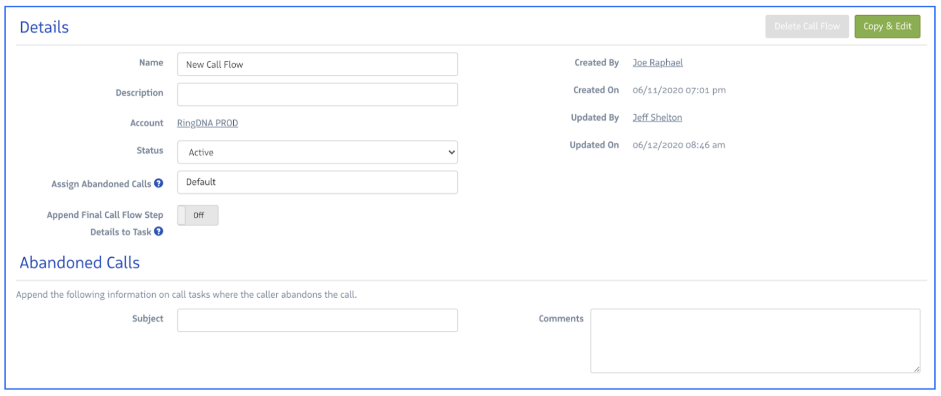 The call flow Details panel showing Name, Description, Status, and other configuration fields