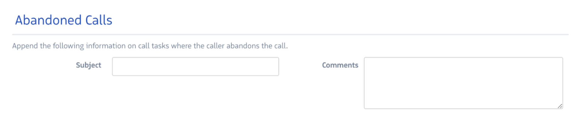 The Abandoned Calls configuration section showing Task Subject and Task Comments fields